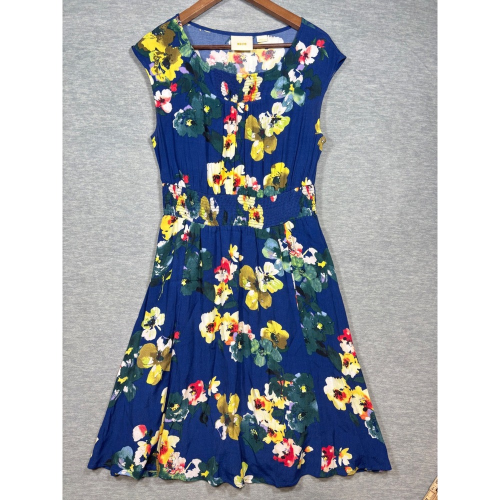 Maeve Anthropologie Evaline‎ Dress S Blue Floral Smocked Waist Cap Sleeve